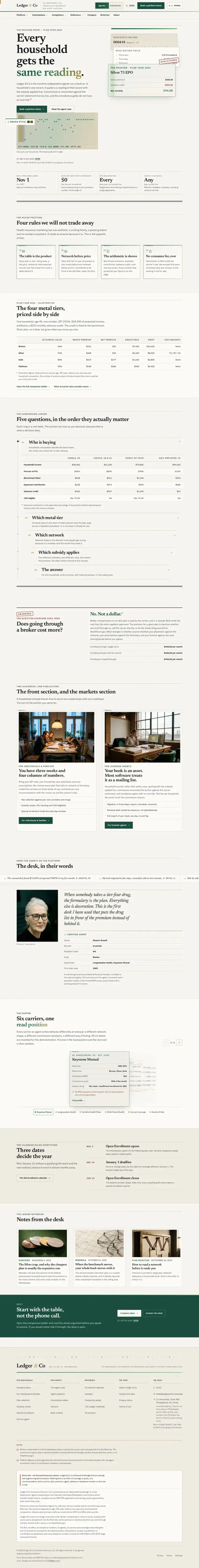 Full home page of the Ledger & Co health marketplace website design