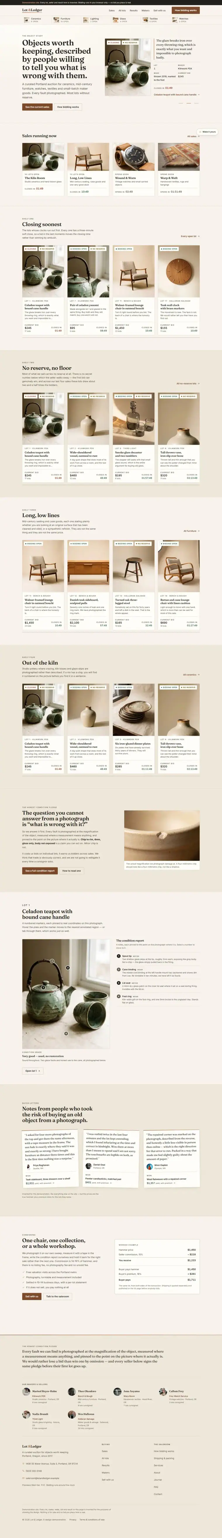 Full home page of the Lot & Ledger auction website design