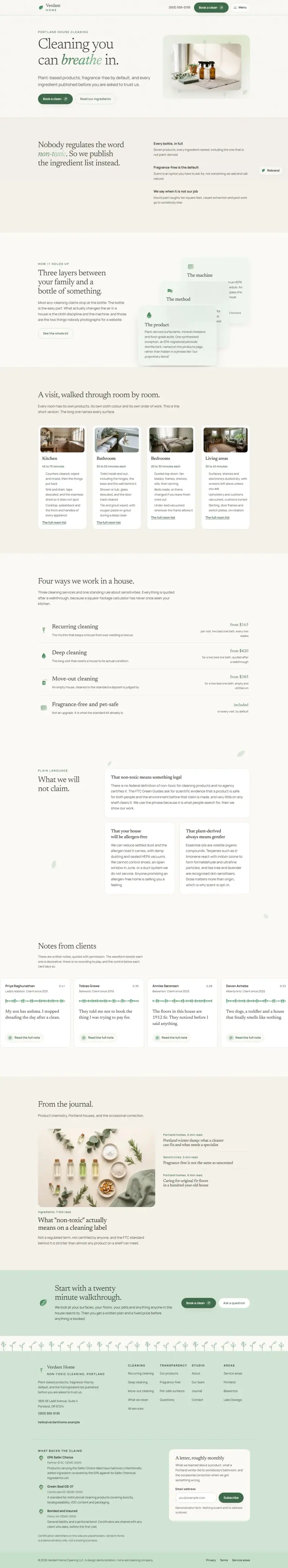 Full home page of the Verdant Home cleaning website design