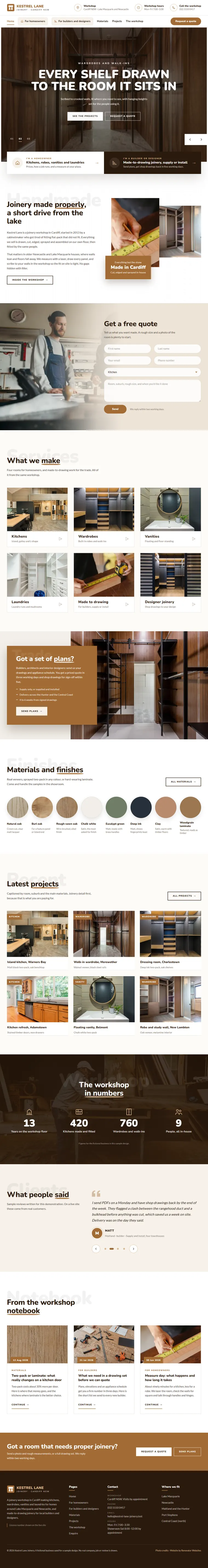 Full home page of the Kestrel Lane Joinery renovation website design