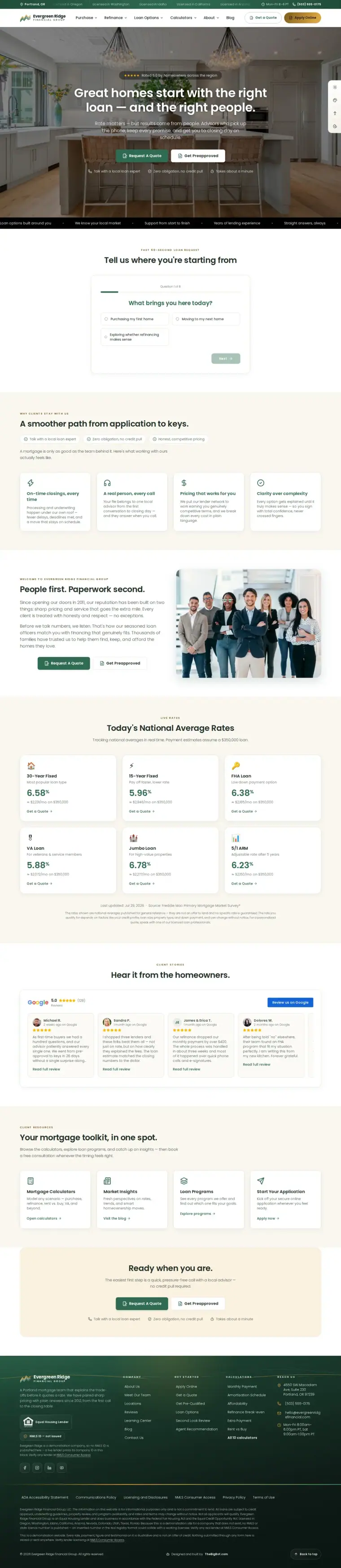 Full home page of the Evergreen Ridge Financial Group — August 2026 mortgage website design