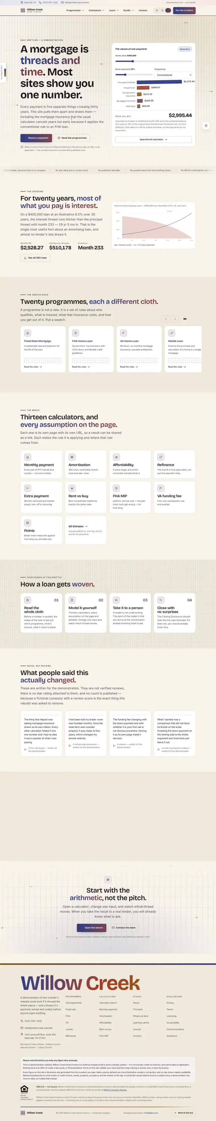 Full home page of the Willow Creek Home Finance mortgage website design