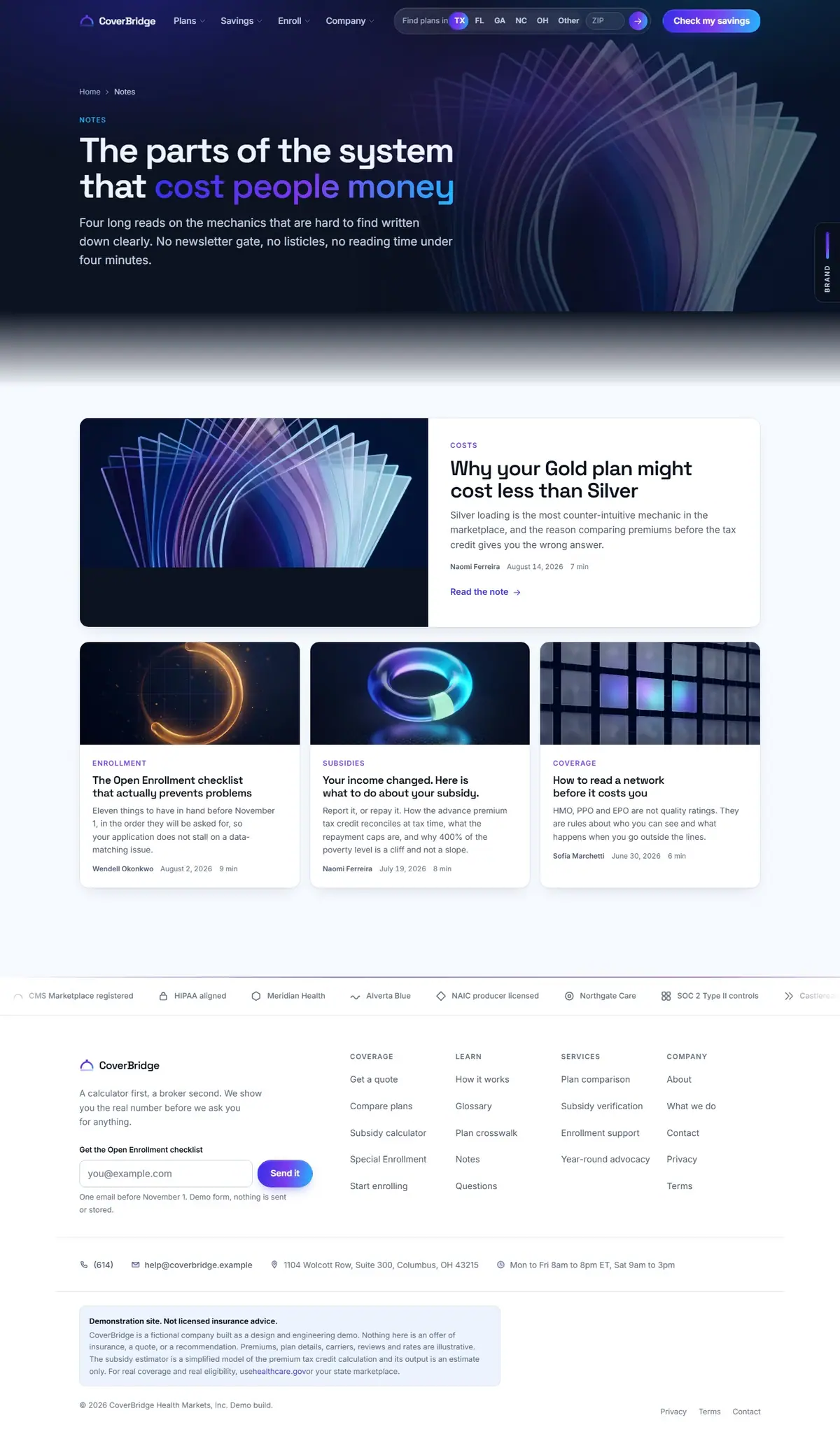 The blog page of the CoverBridge health marketplace website design