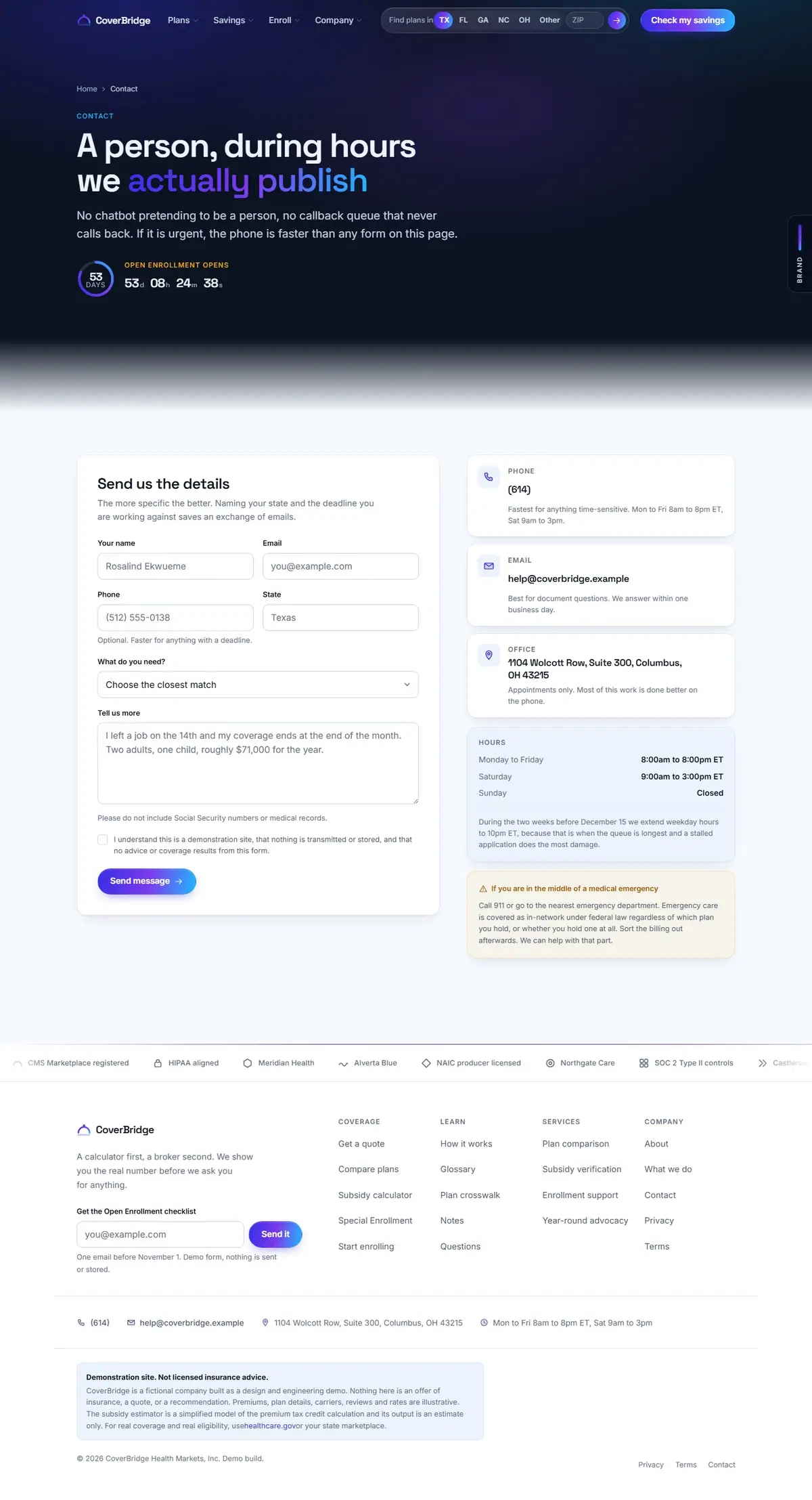 The contact page of the CoverBridge health marketplace website design