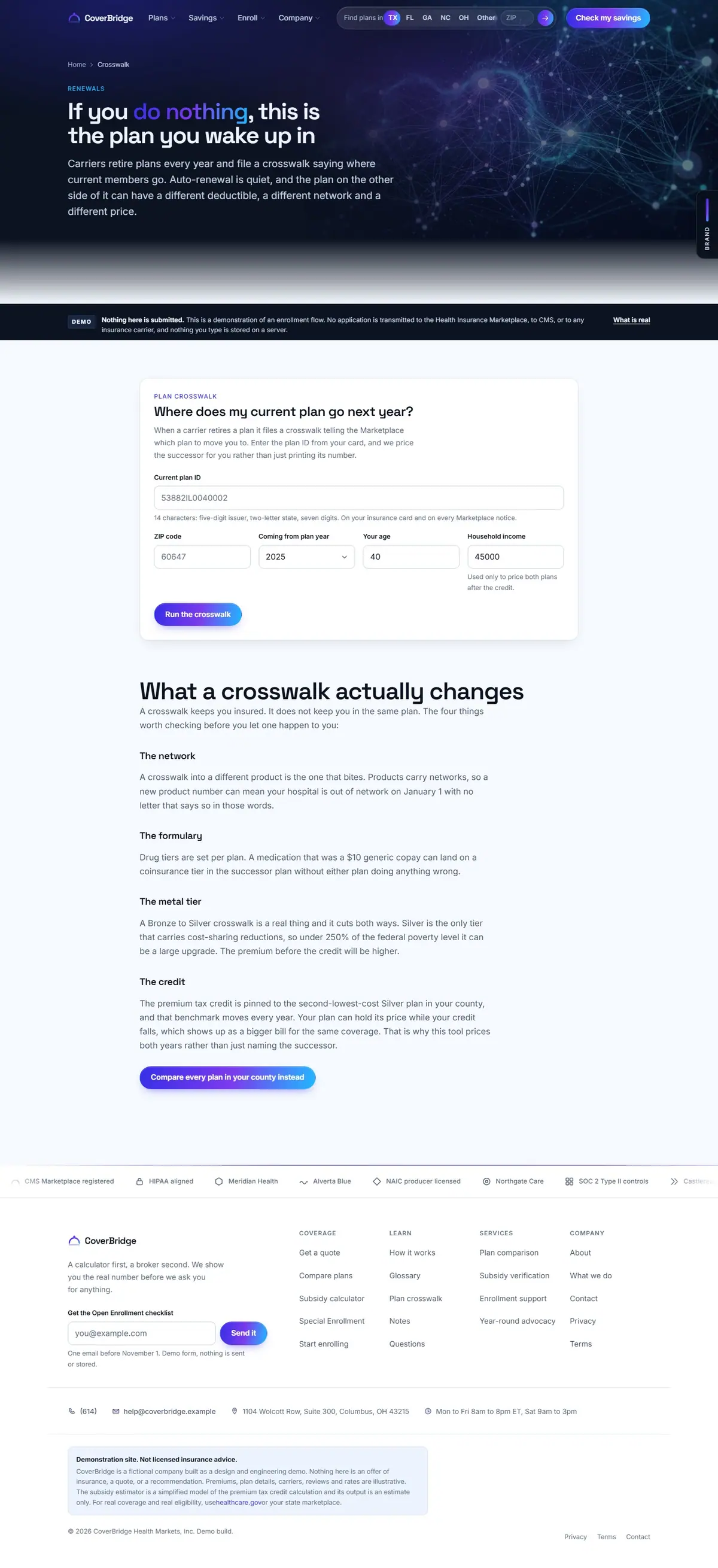 The crosswalk page of the CoverBridge health marketplace website design