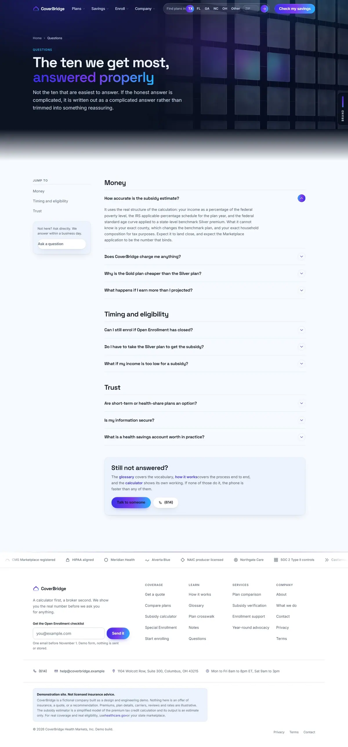 The faq page of the CoverBridge health marketplace website design