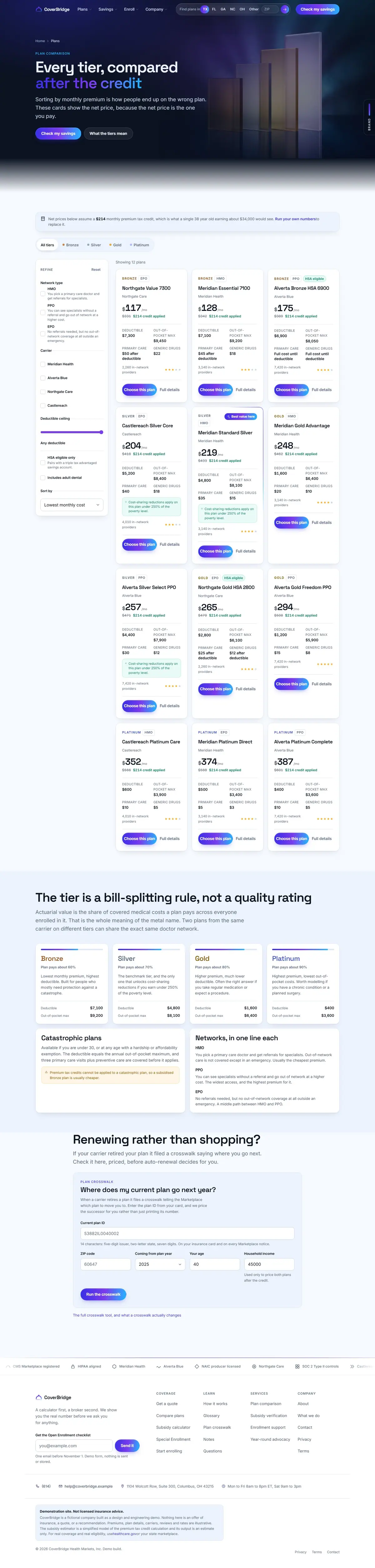 The plans page of the CoverBridge health marketplace website design