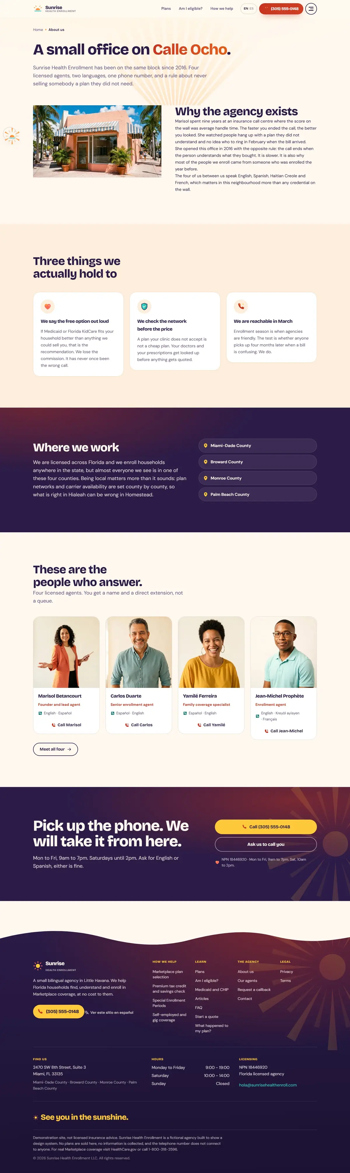 The about page of the Sunrise Health health marketplace website design