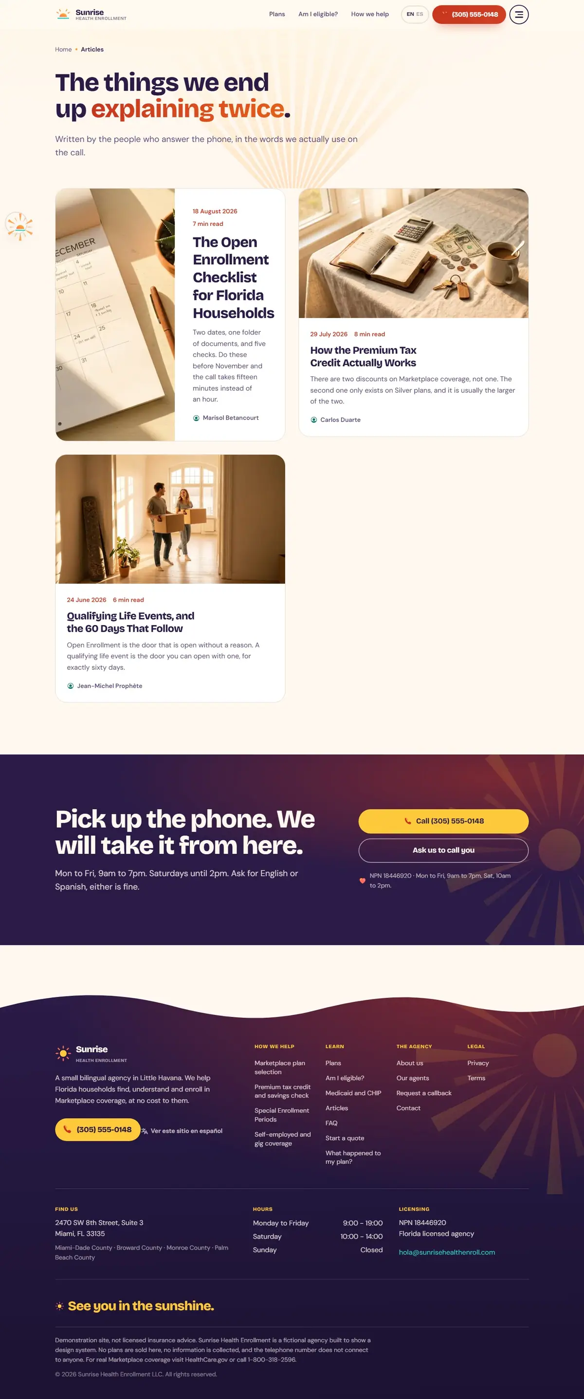 The blog page of the Sunrise Health health marketplace website design