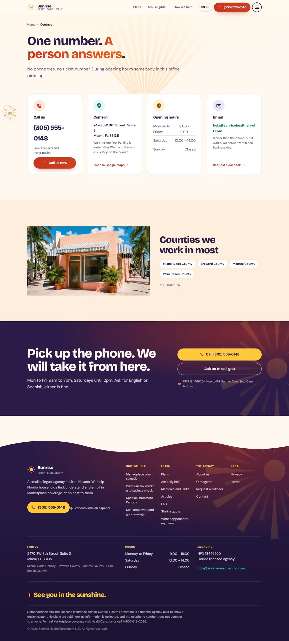 The contact page of the Sunrise Health health marketplace website design