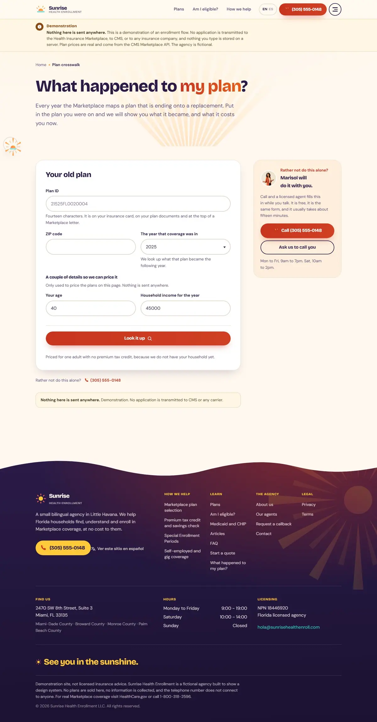 The crosswalk page of the Sunrise Health health marketplace website design