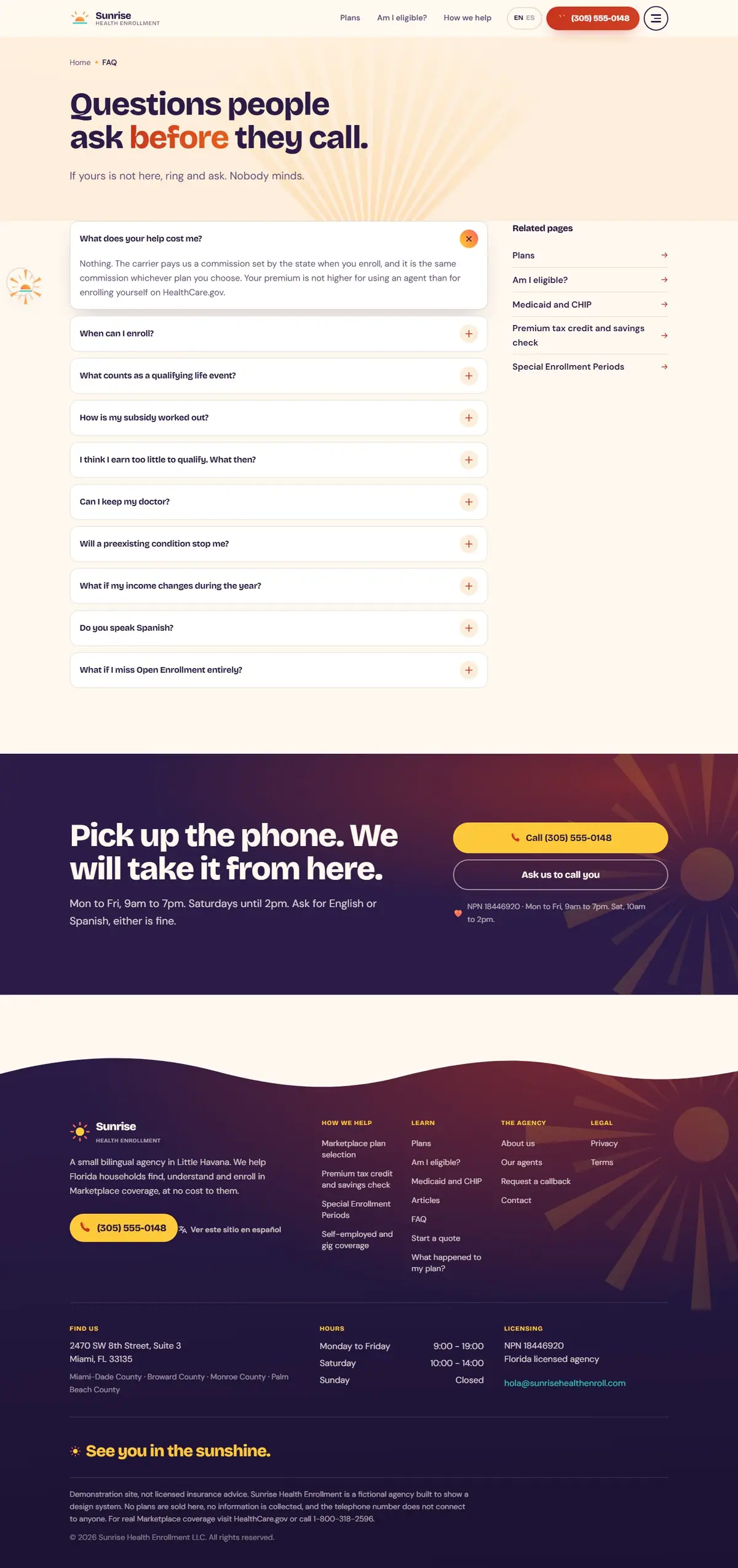 The faq page of the Sunrise Health health marketplace website design