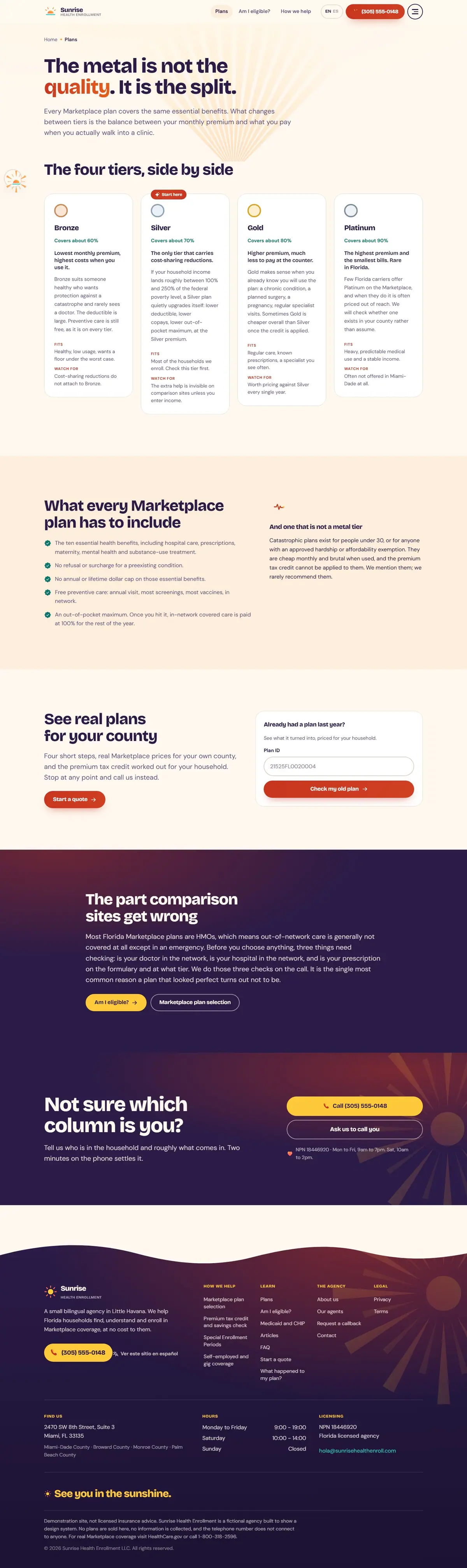 The plans page of the Sunrise Health health marketplace website design