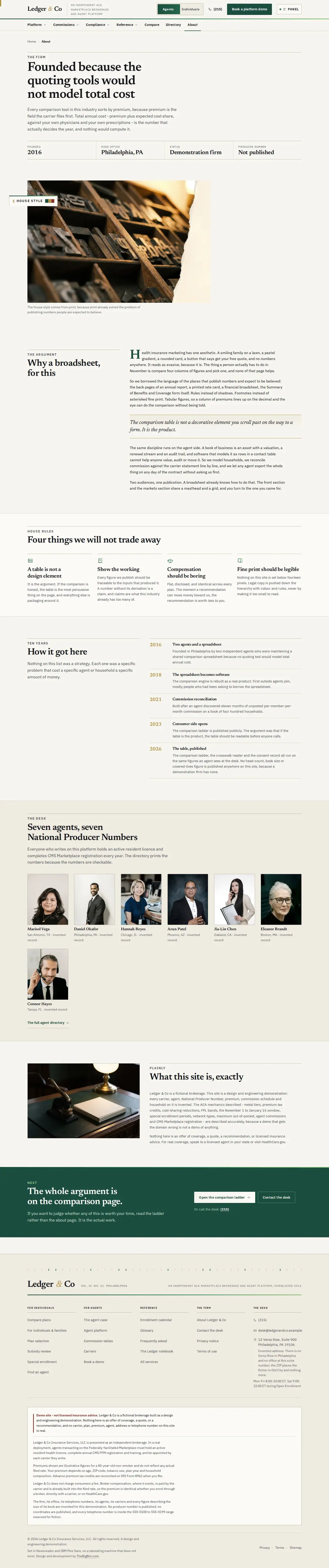 The about page of the Ledger & Co health marketplace website design