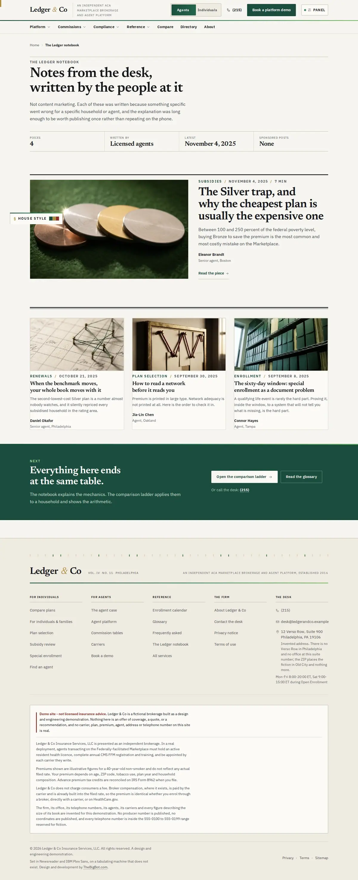 The blog page of the Ledger & Co health marketplace website design