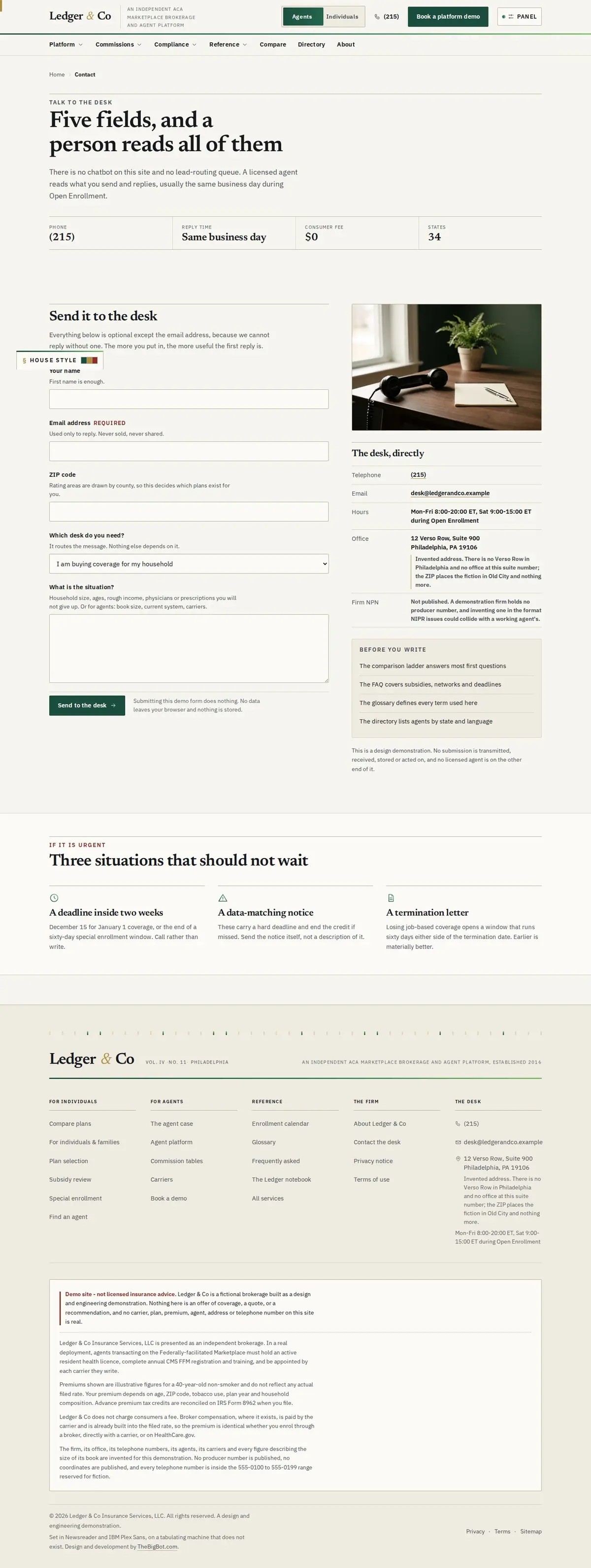 The contact page of the Ledger & Co health marketplace website design