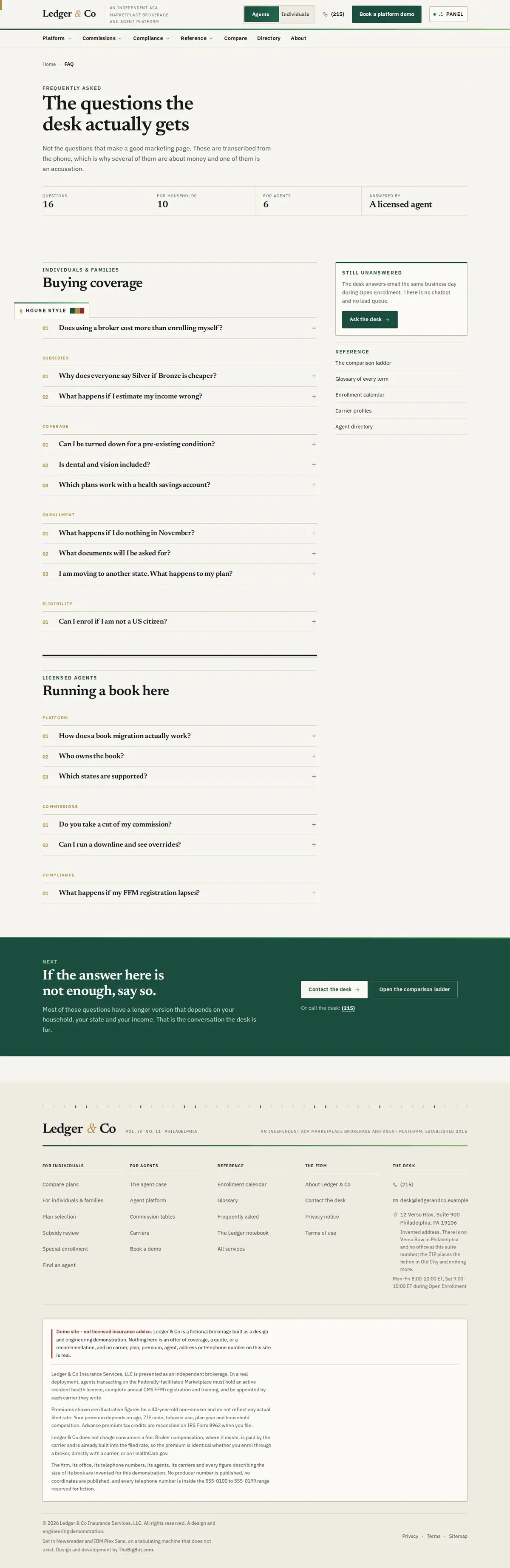 The faq page of the Ledger & Co health marketplace website design