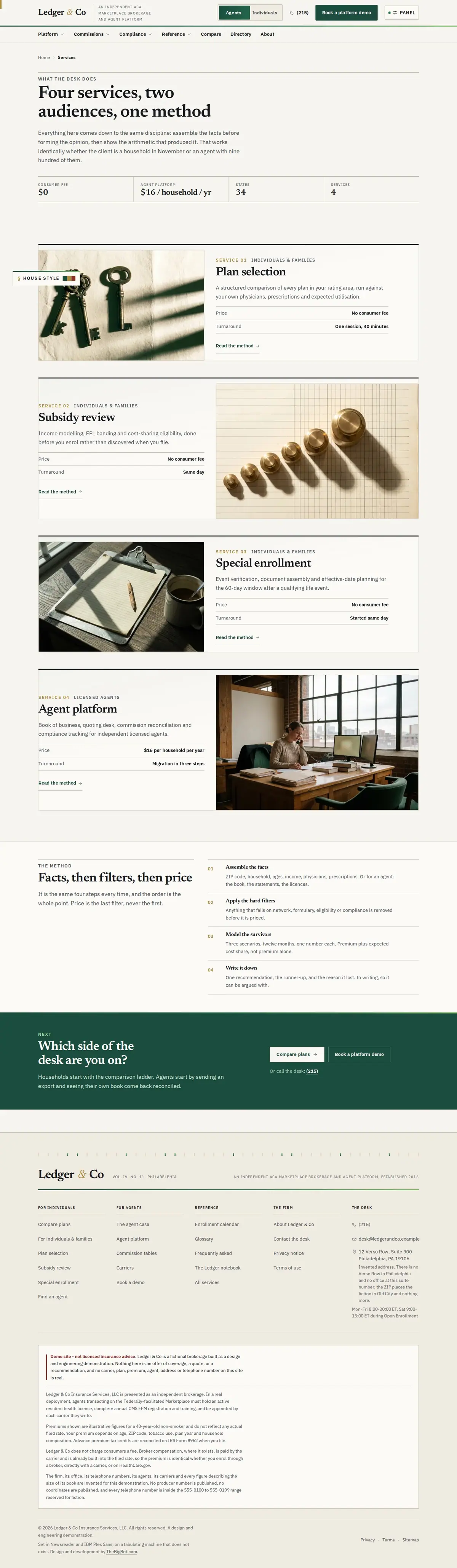 The services page of the Ledger & Co health marketplace website design