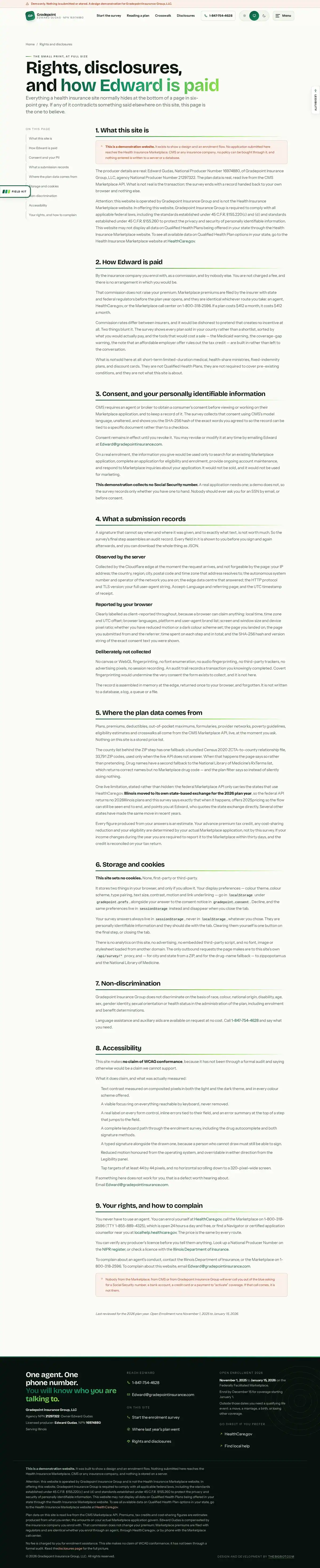The disclosures page of the Gradepoint health marketplace website design