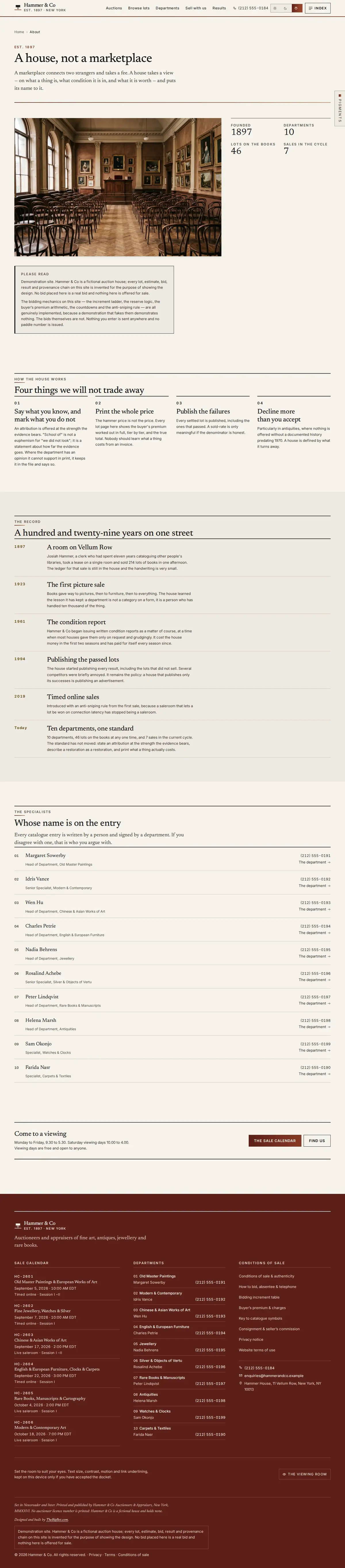 The about page of the Hammer & Co auction website design