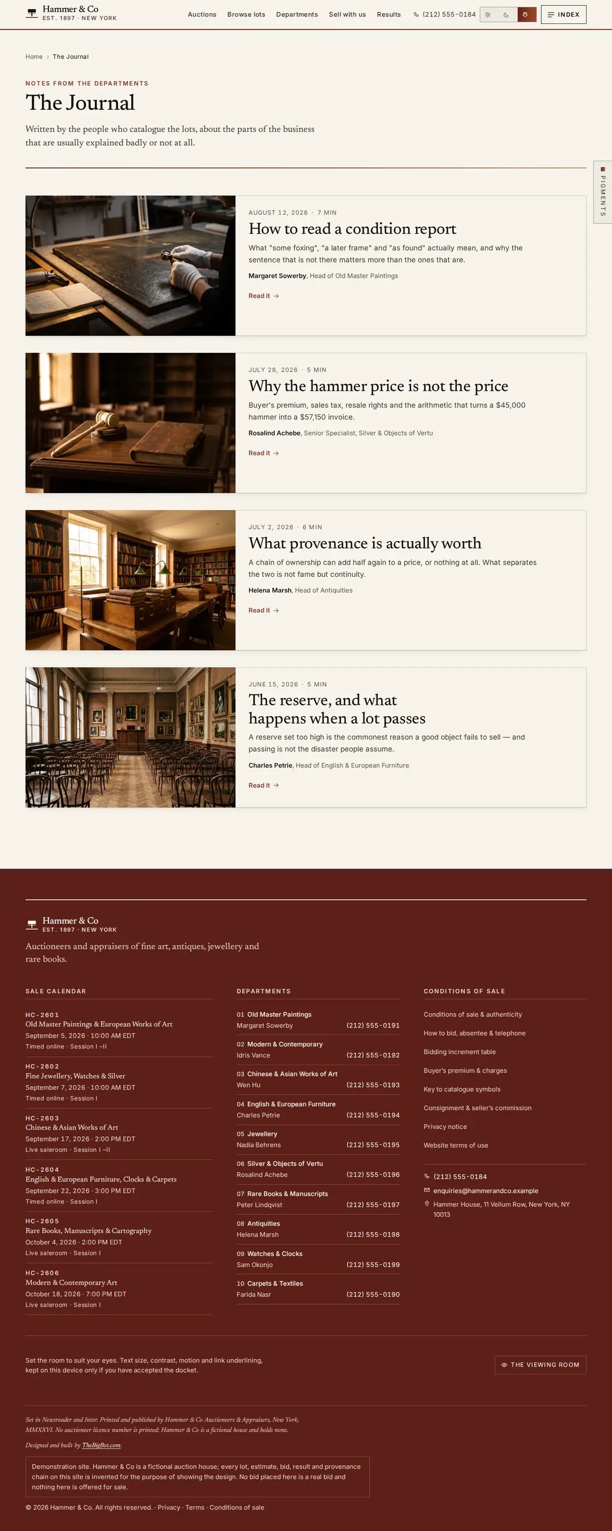 The blog page of the Hammer & Co auction website design