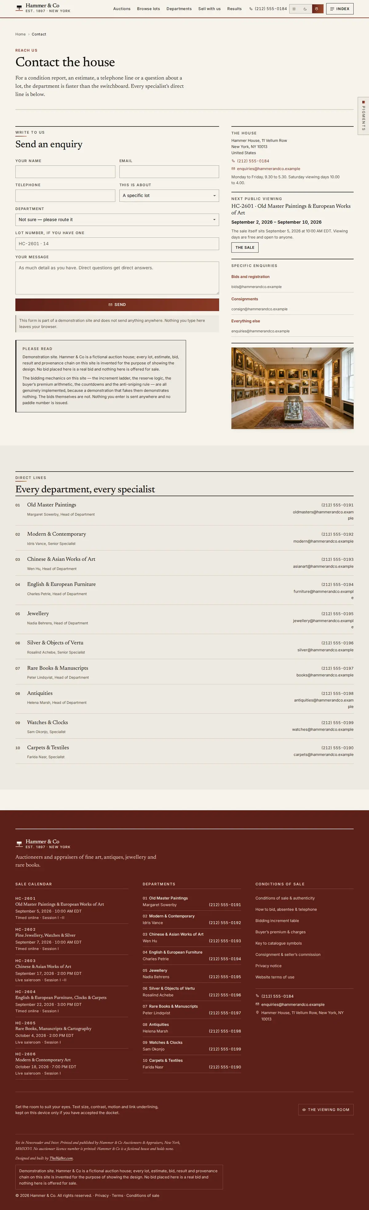 The contact page of the Hammer & Co auction website design