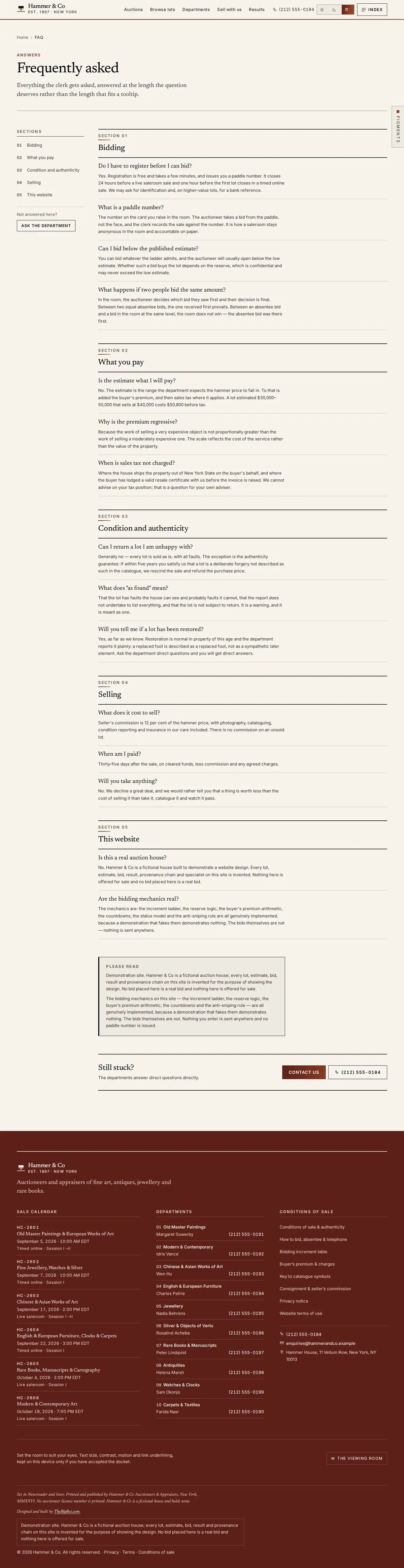 The faq page of the Hammer & Co auction website design