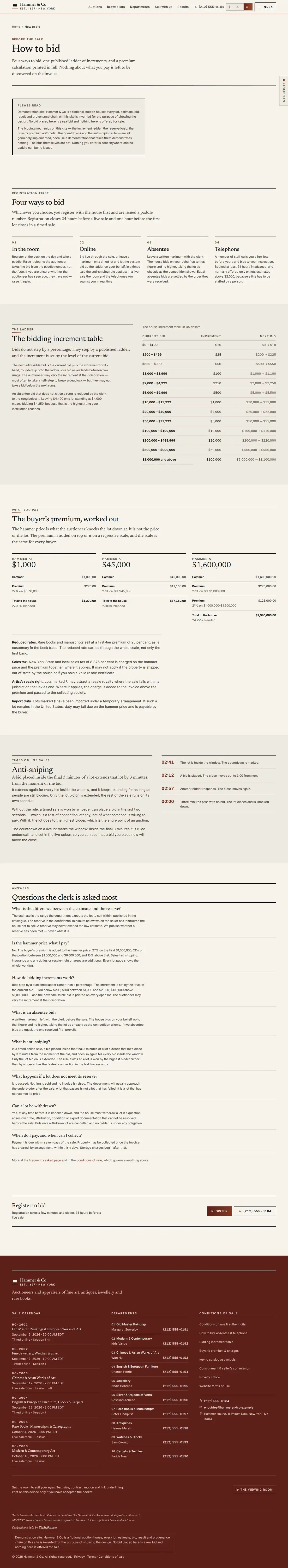 The how to bid page of the Hammer & Co auction website design