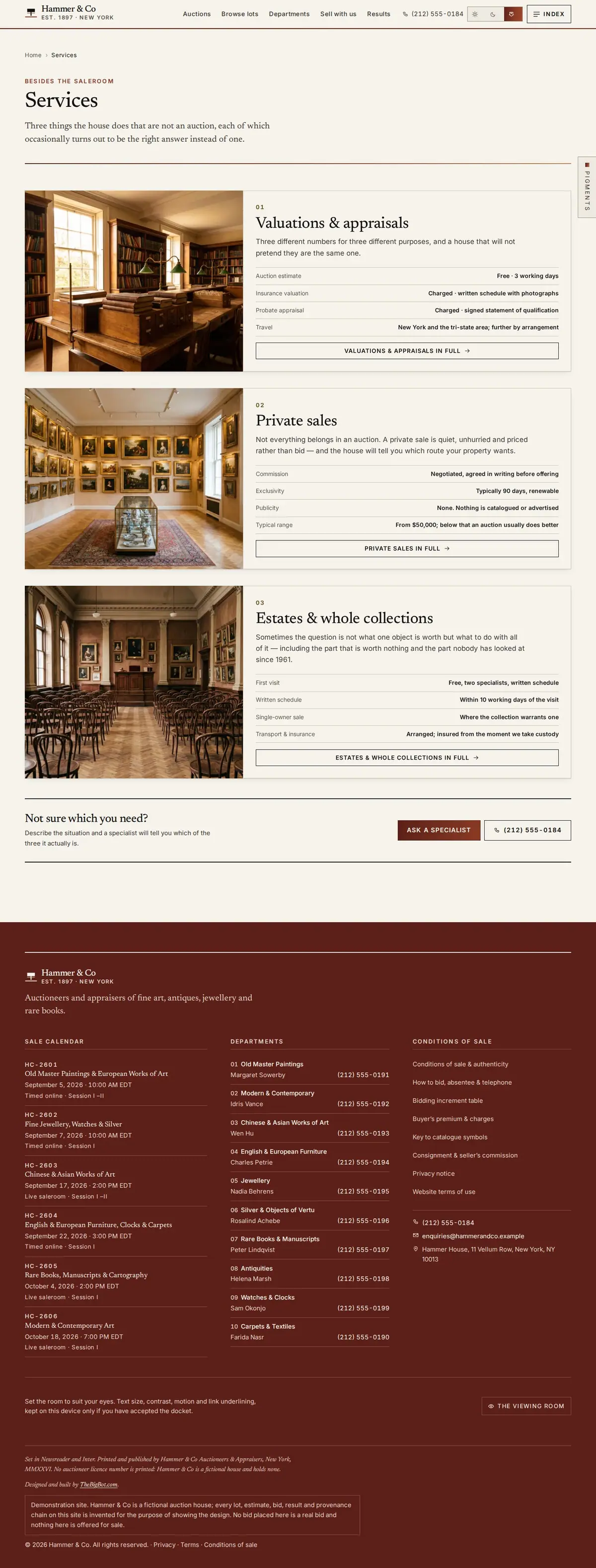 The services page of the Hammer & Co auction website design