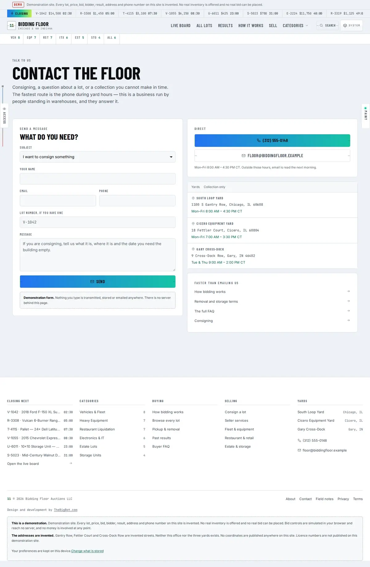 The contact page of the Bidding Floor auction website design