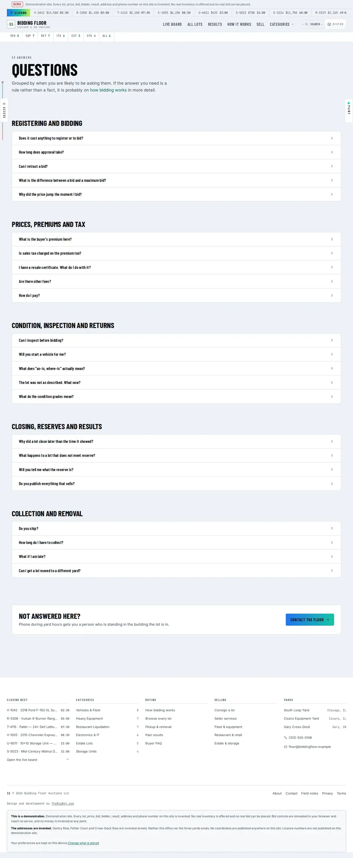 The faq page of the Bidding Floor auction website design