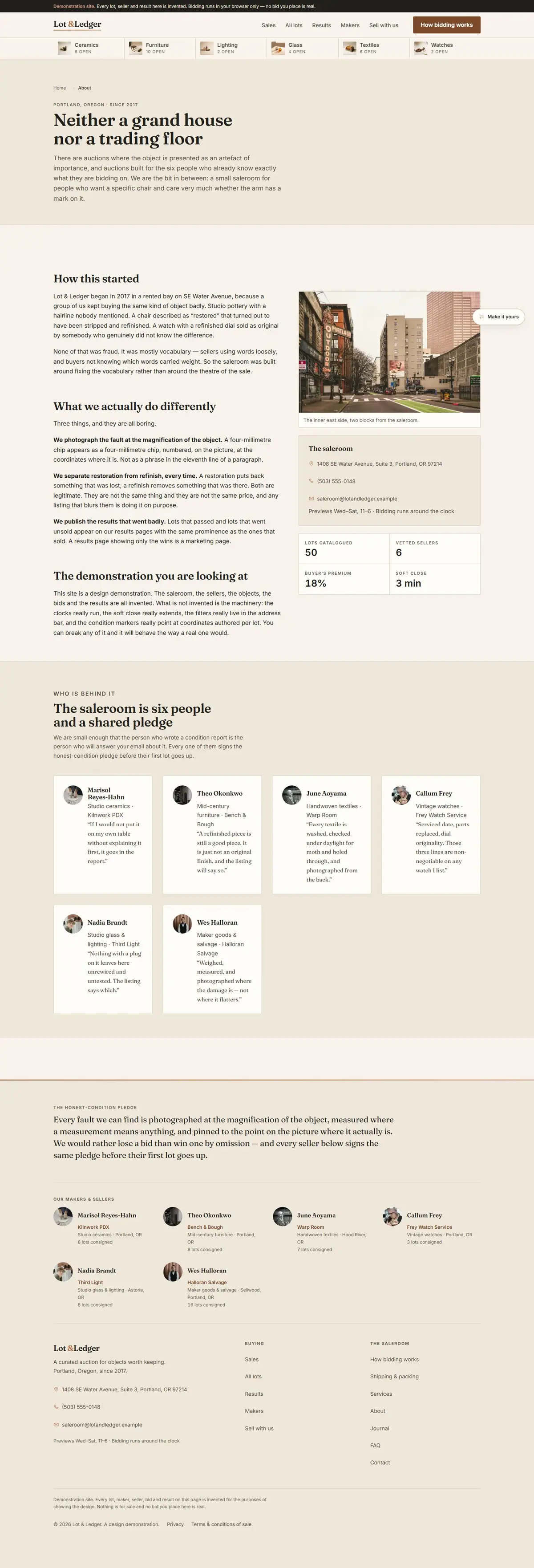 The about page of the Lot & Ledger auction website design