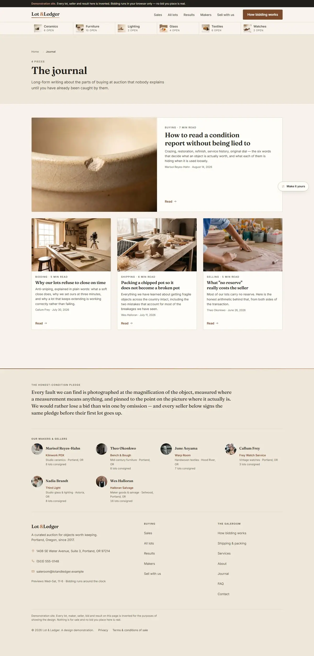 The blog page of the Lot & Ledger auction website design