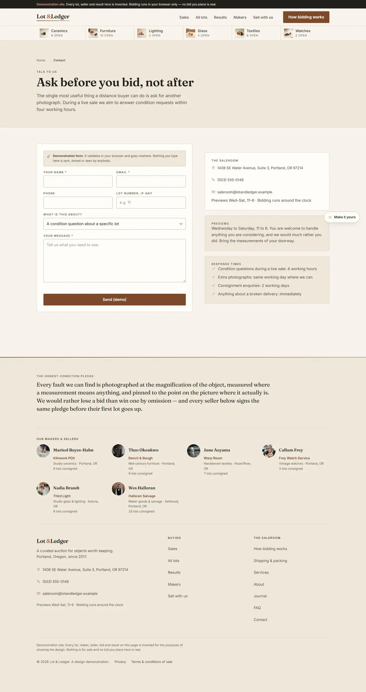 The contact page of the Lot & Ledger auction website design