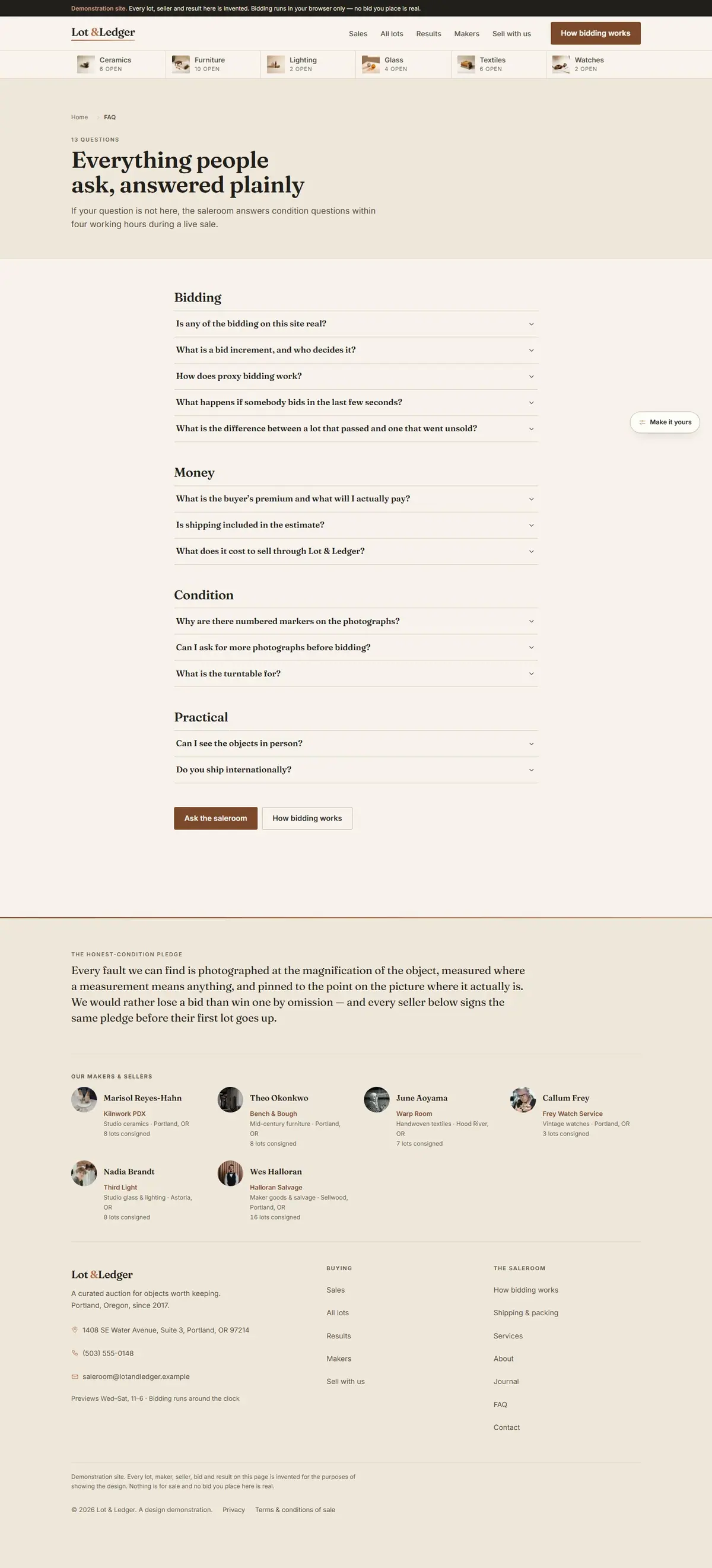 The faq page of the Lot & Ledger auction website design