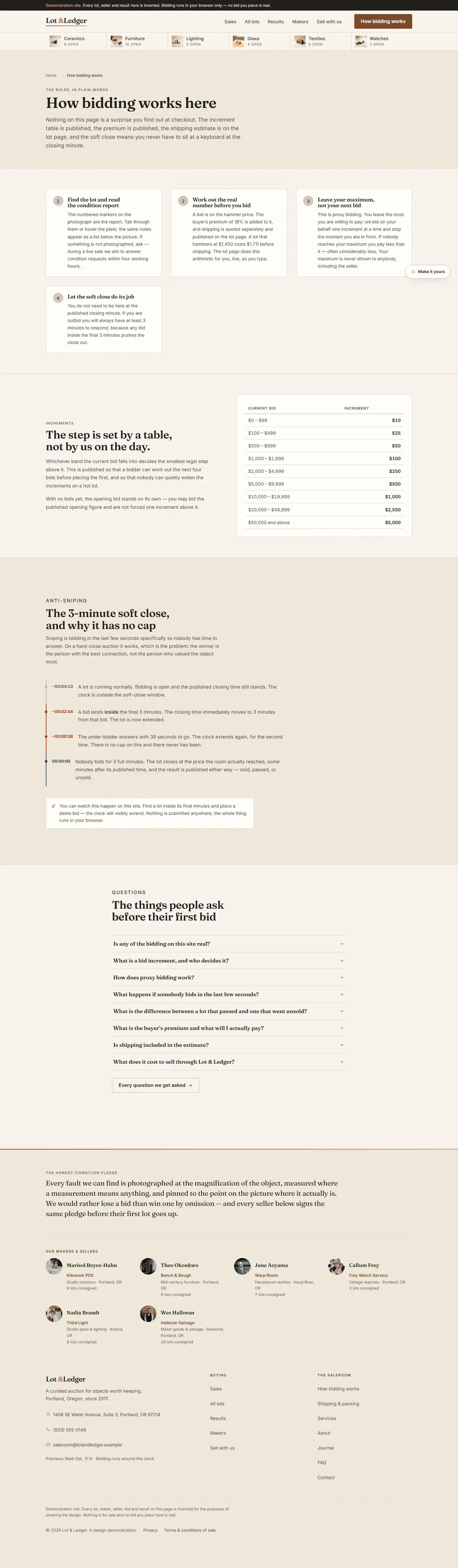 The how bidding works page of the Lot & Ledger auction website design