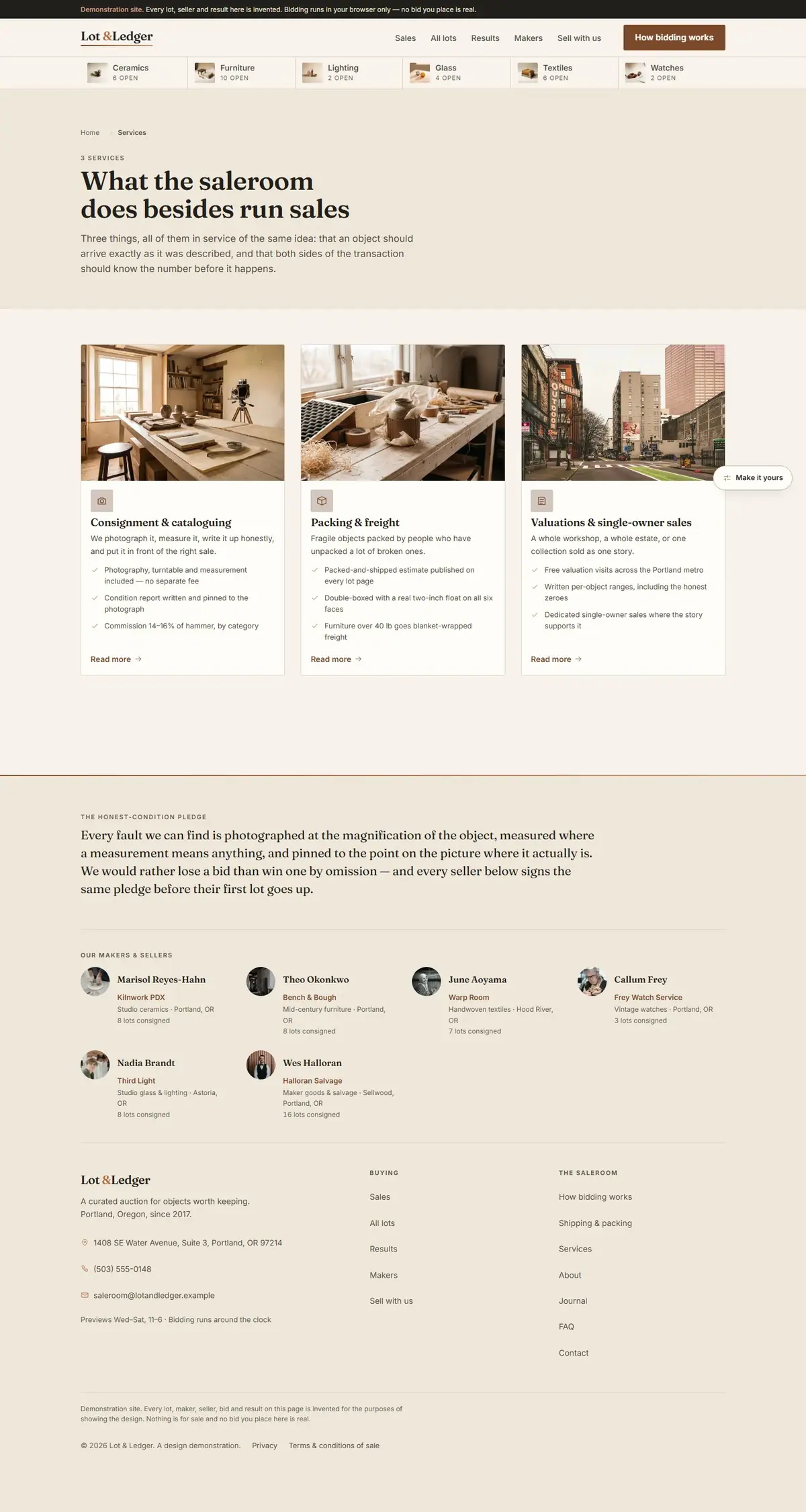 The services page of the Lot & Ledger auction website design