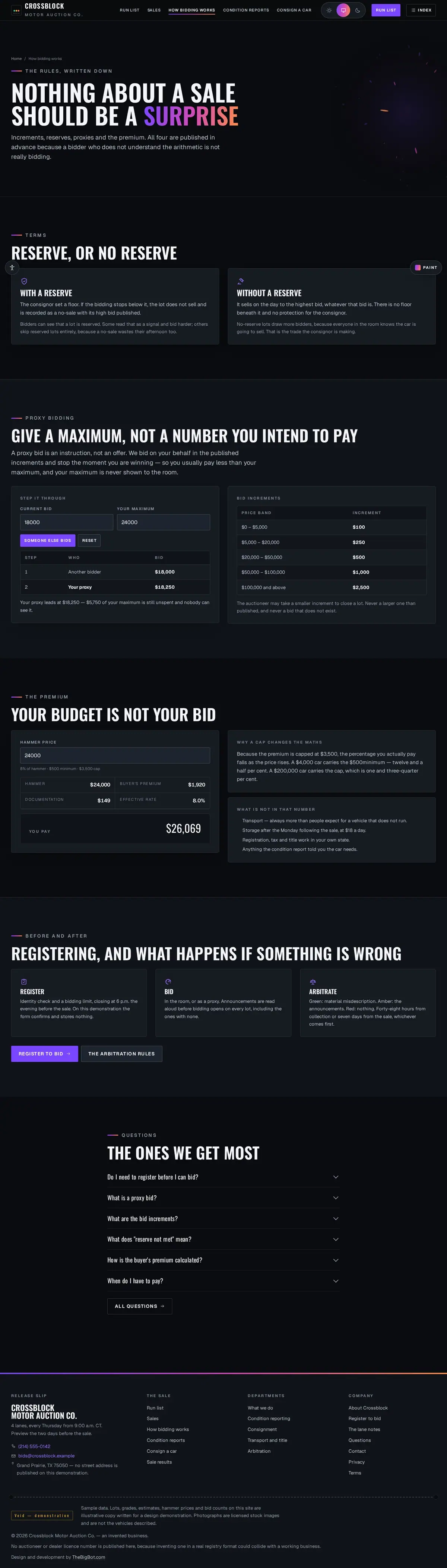 The how bidding works page of the Crossblock Motor Auction Co. auction website design