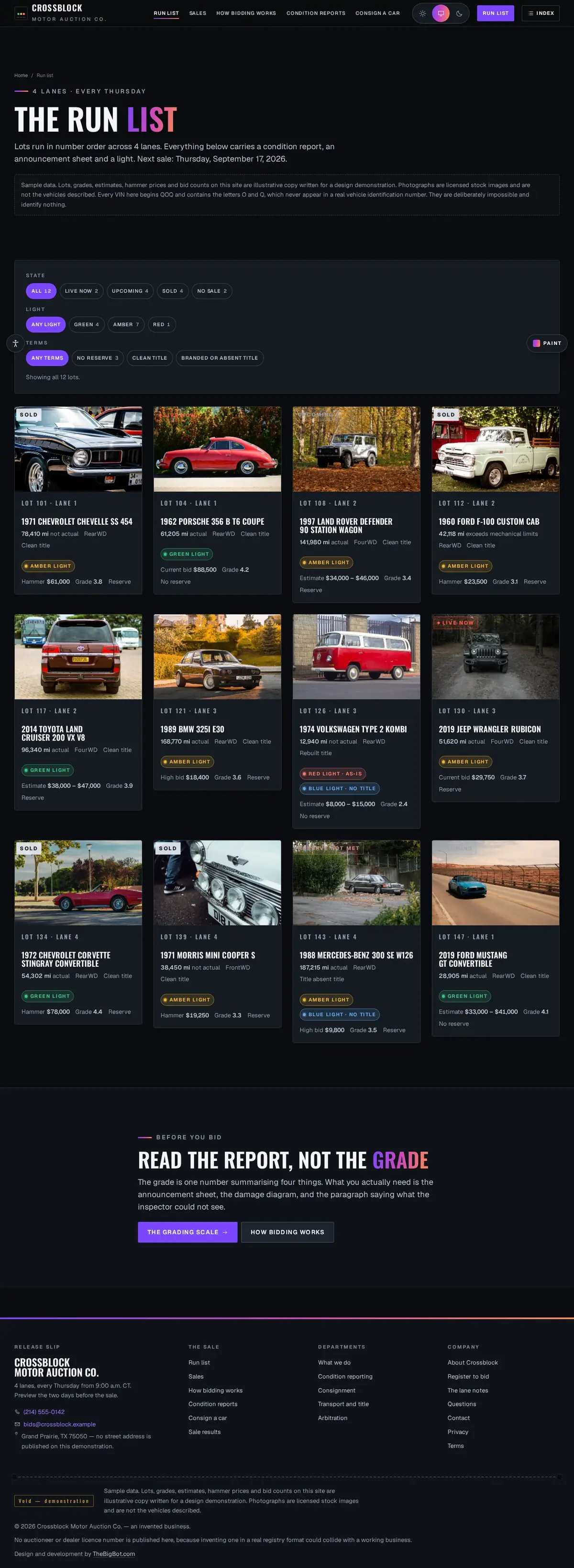 The lots page of the Crossblock Motor Auction Co. auction website design