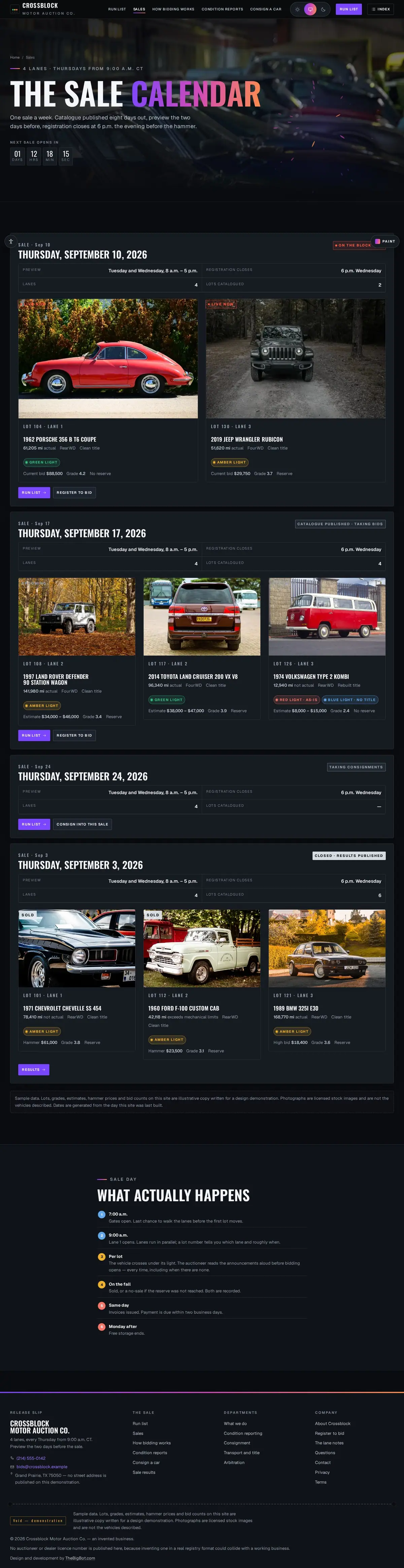 The sales page of the Crossblock Motor Auction Co. auction website design
