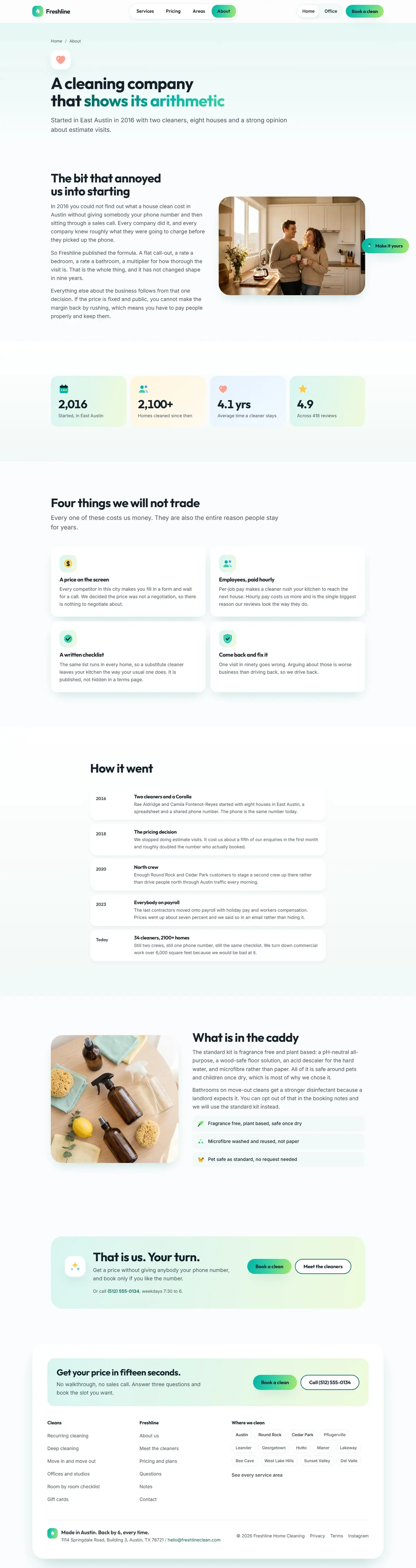 The about page of the Freshline cleaning website design