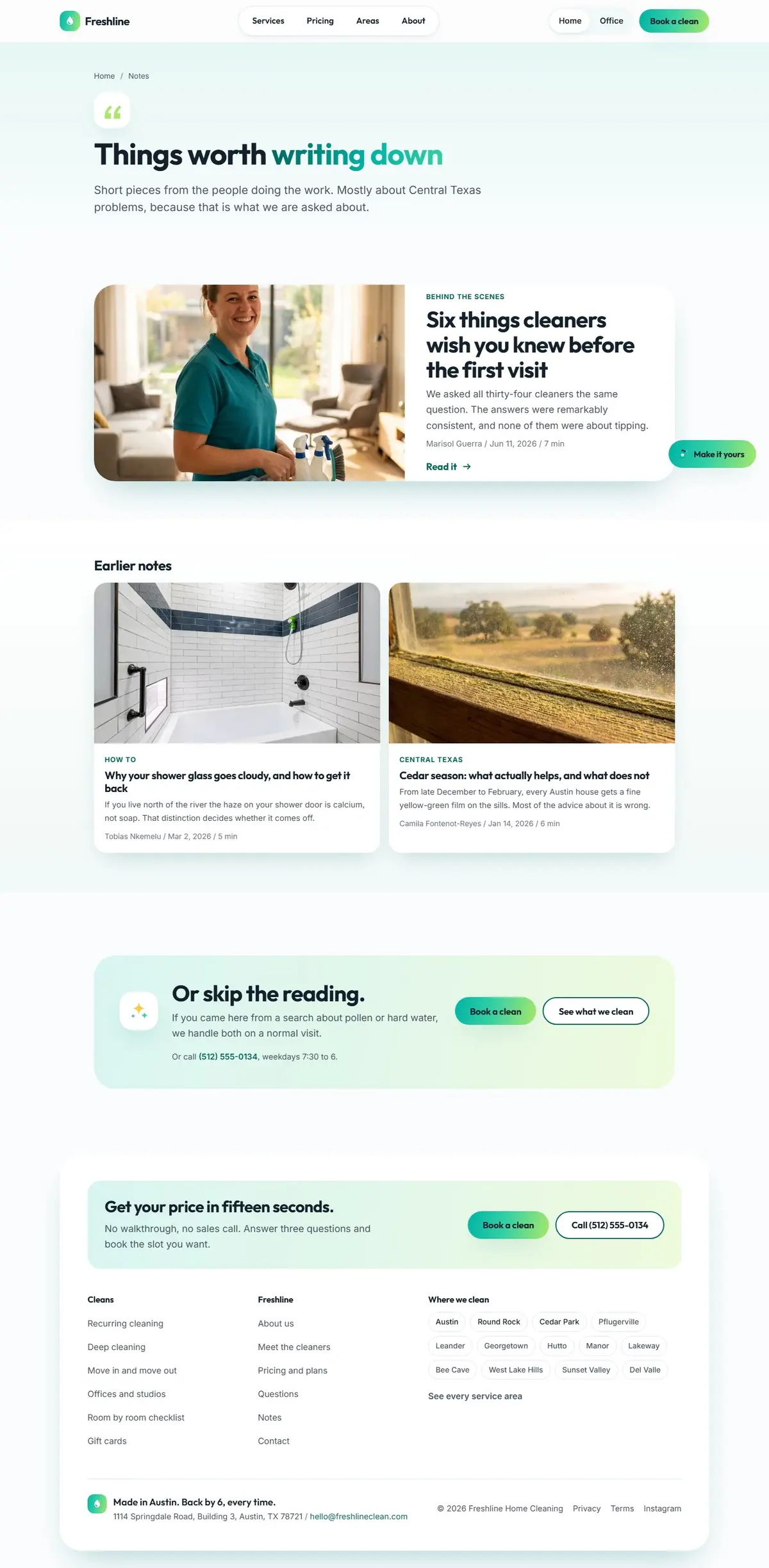 The blog page of the Freshline cleaning website design