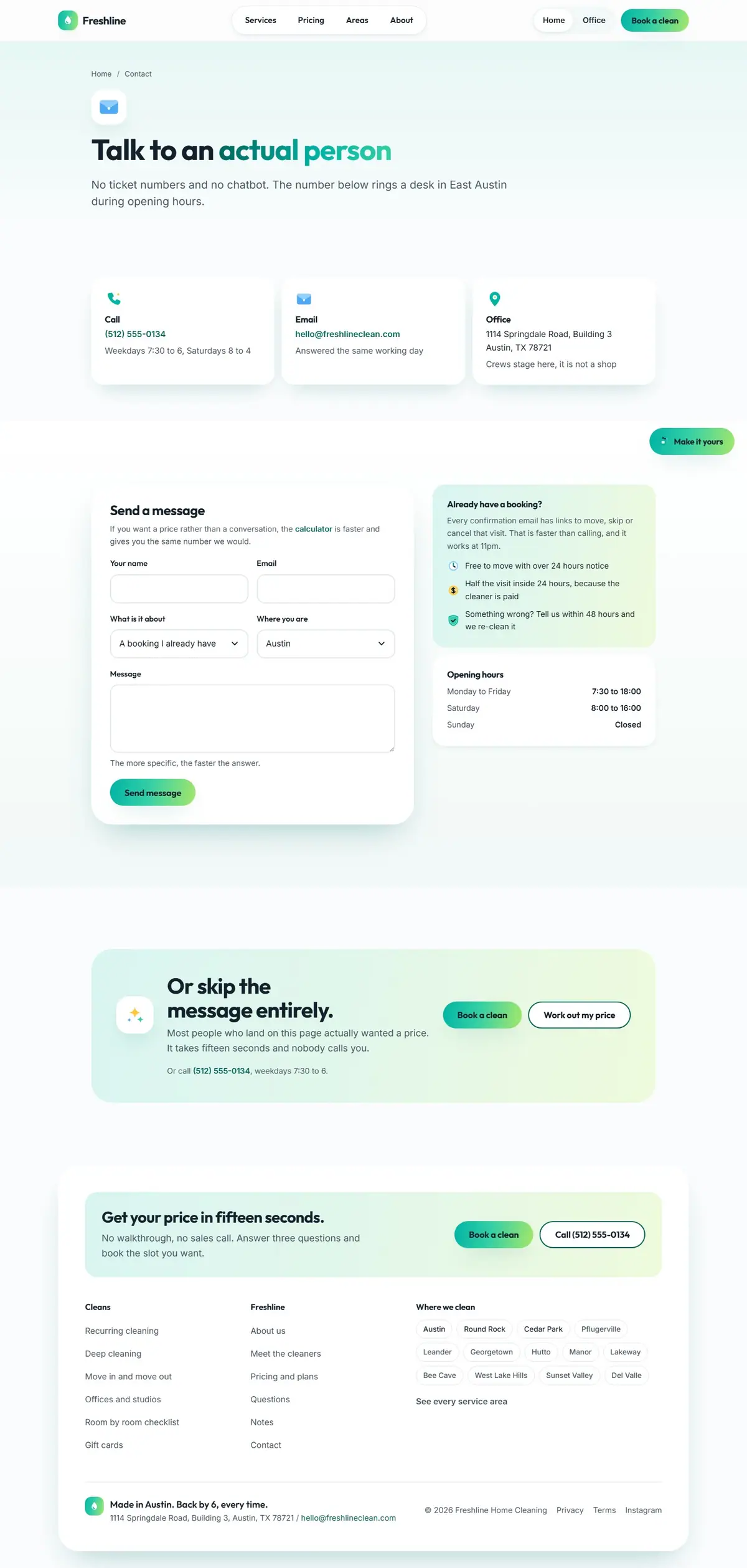 The contact page of the Freshline cleaning website design