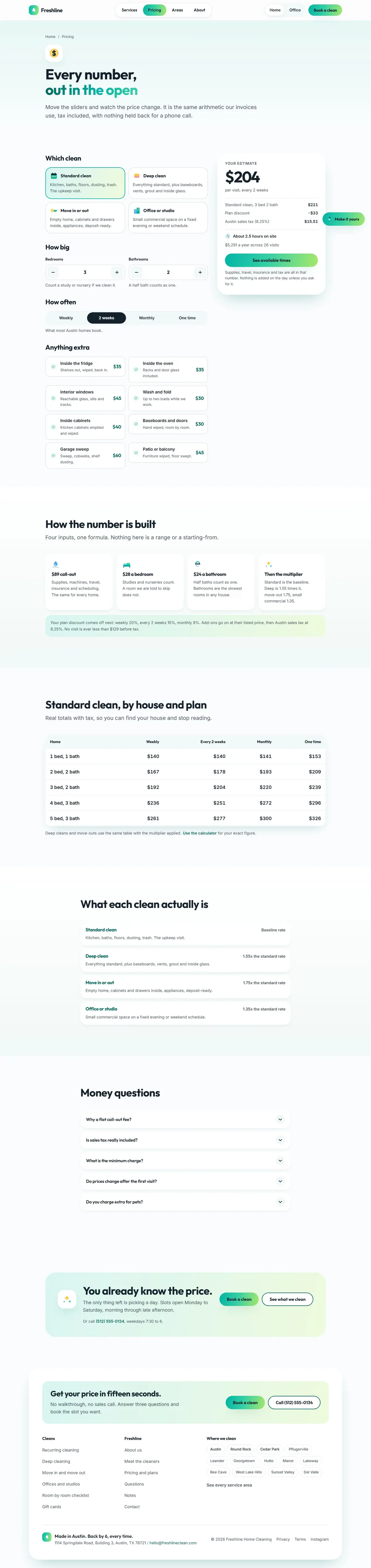 The pricing page of the Freshline cleaning website design