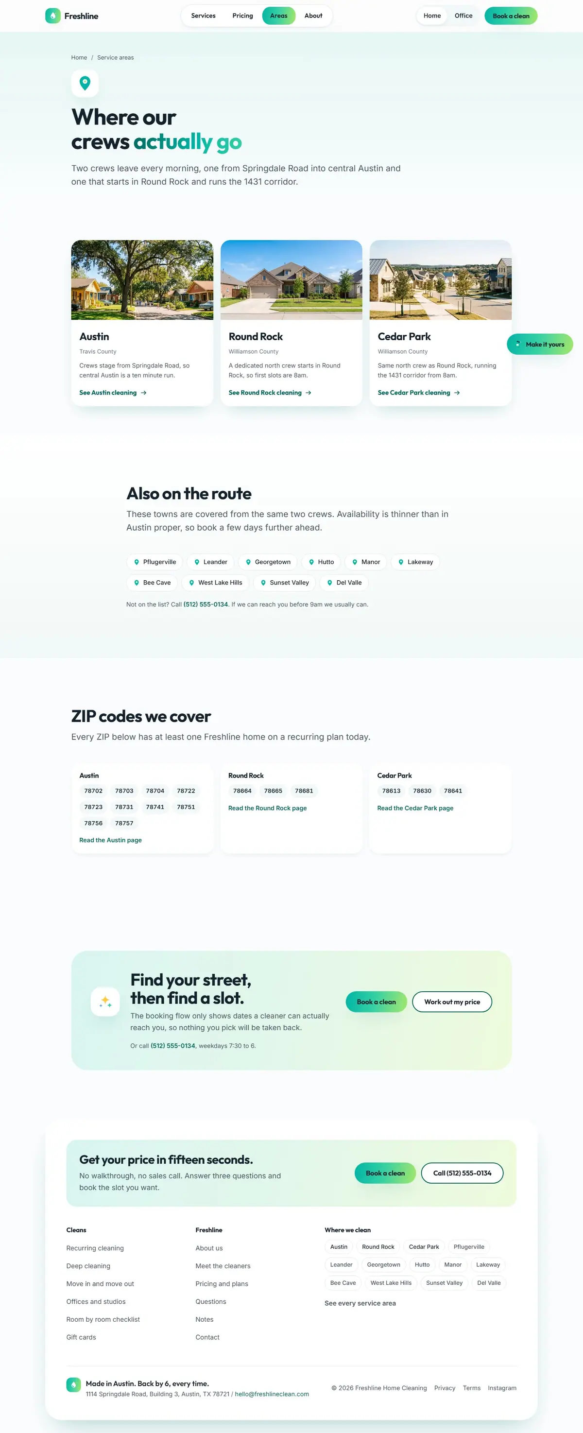 The service areas page of the Freshline cleaning website design