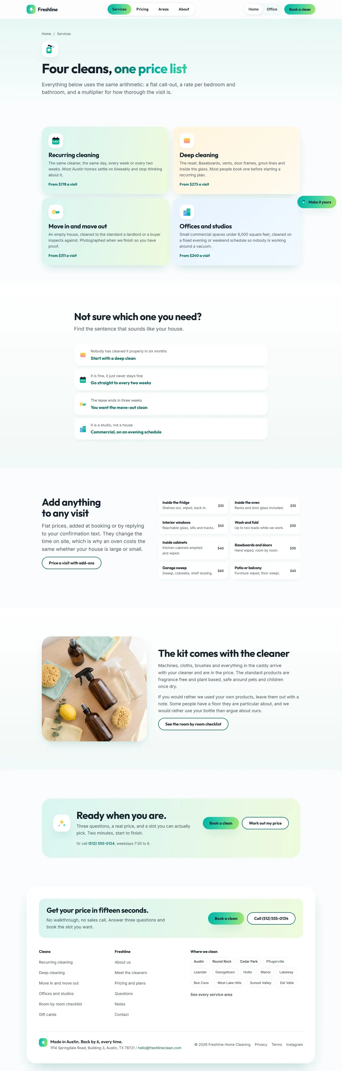 The services page of the Freshline cleaning website design
