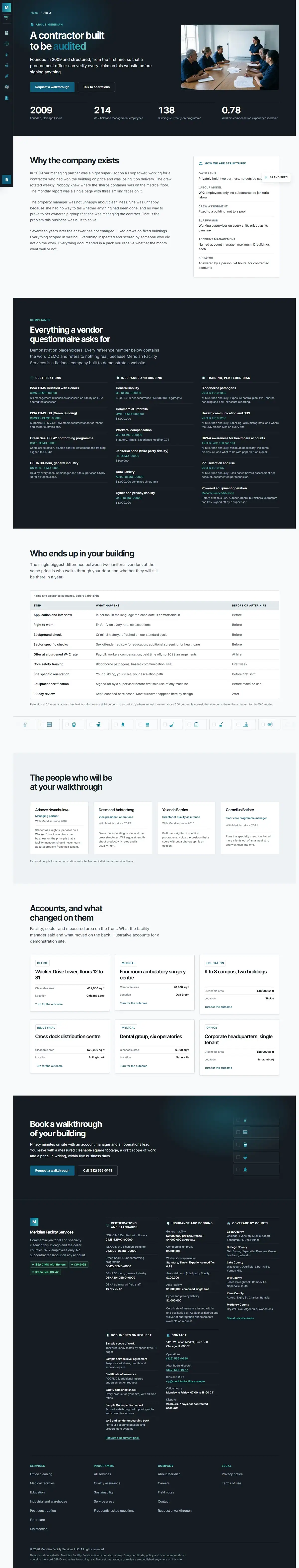 The about page of the Meridian Facility Services cleaning website design