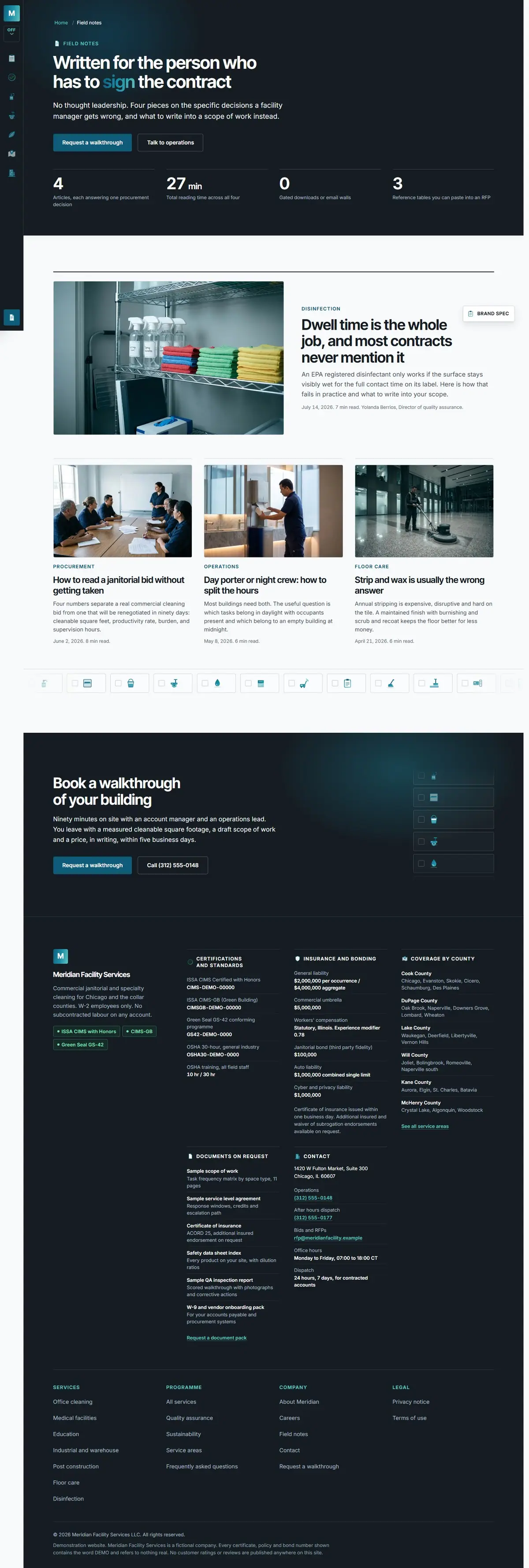The blog page of the Meridian Facility Services cleaning website design