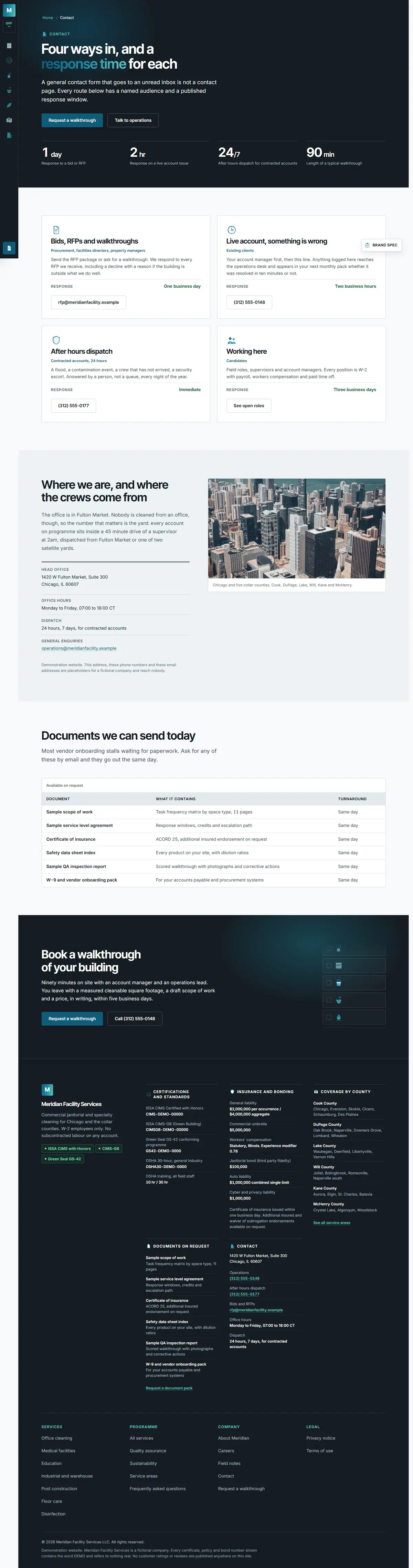 The contact page of the Meridian Facility Services cleaning website design