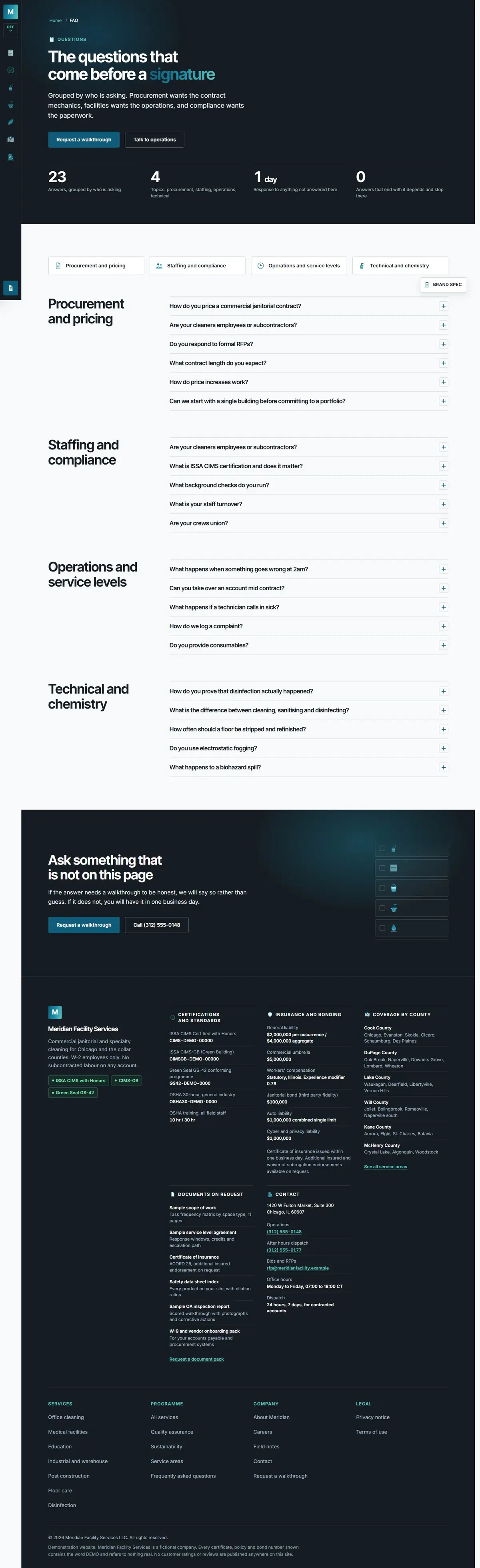 The faq page of the Meridian Facility Services cleaning website design